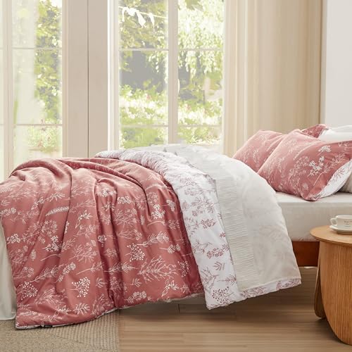Bedsure Queen Comforter Set - Grayish Pink Bed Set, 3 Pieces Cute Floral Bedding, 1 Soft Reversible Botanical Flowers Comforter and 2 Pillow Shams Bedsure