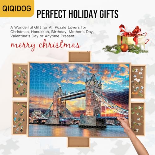 Qiqidog 2000 Pieces Puzzle Board with 6 Drawers and Cover, 29"x41" Wooden Jigsaw Puzzle Table for Adults, Portable Puzzle Organizer & Storage System, Birthday Gift for Mom Qiqidog