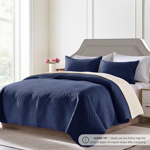 FLYMME Quilts Queen Size - Ultra Soft Navy Blue Quilt Lightweight Microfiber Bedspreads, Classic Basket Weave Pattern Bedspread Bed Coverlet 3 Pieces for All-Season (1 Quilt, 2 Pillow Shams) FLYMME
