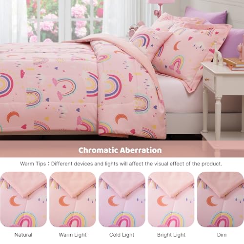 Kaleido Space Glow in The Dark Kids Comforter Set Full Size for Girls, Pink Rainbow Bedding Set 1 Comforter, 1 Decor Pillow, 2 Pillow Shams Kaleido Space