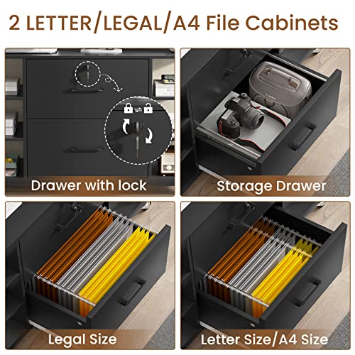 SEDETA 44" File Cabinet, Filing Cabinet fits Legal/Letter Size, 2 Drawer File Cabinets for Home Office with Lock, Power Strip, 6 Storage Shelves, Rustic Brown SEDETA