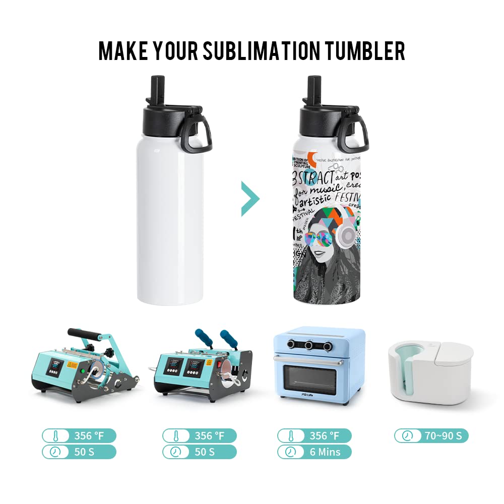 PYD Life 4 Pack Sublimation Water Bottle Blanks Sports Tumbler Cups White 30 OZ Wide Mouth Stainless Steel Vacuum Flask with Straw and Portable Handle for Cricut Mug Press Tumbler Press Print PYD Life