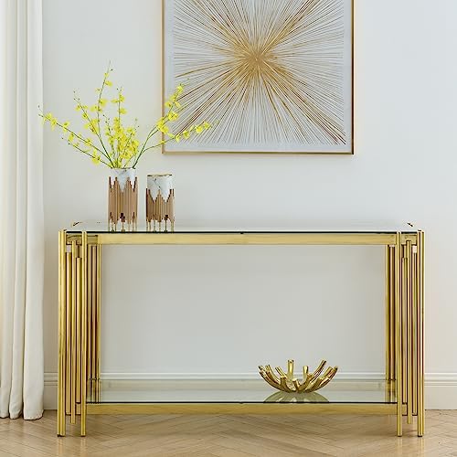 SSLine Modern Luxury Console Table Rectangular Glass Accent Entryway Table for Hallway Living Room, 2-Tier Storage, Gold Pipe Stainless Steel Frame Design SSLine