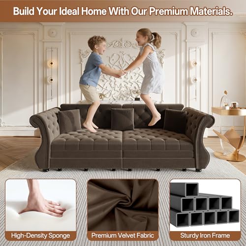 LuxyHoom 97.6'' Sleeper Sofa Bed King Size, Flower Tufted Pull Out Couch, Velvet Chesterfield Futon Couches, Modern 4 Seater Convertible Sofa, 3 Pillows for Living Room, Apartment, Offices, Brown LuxyHoom