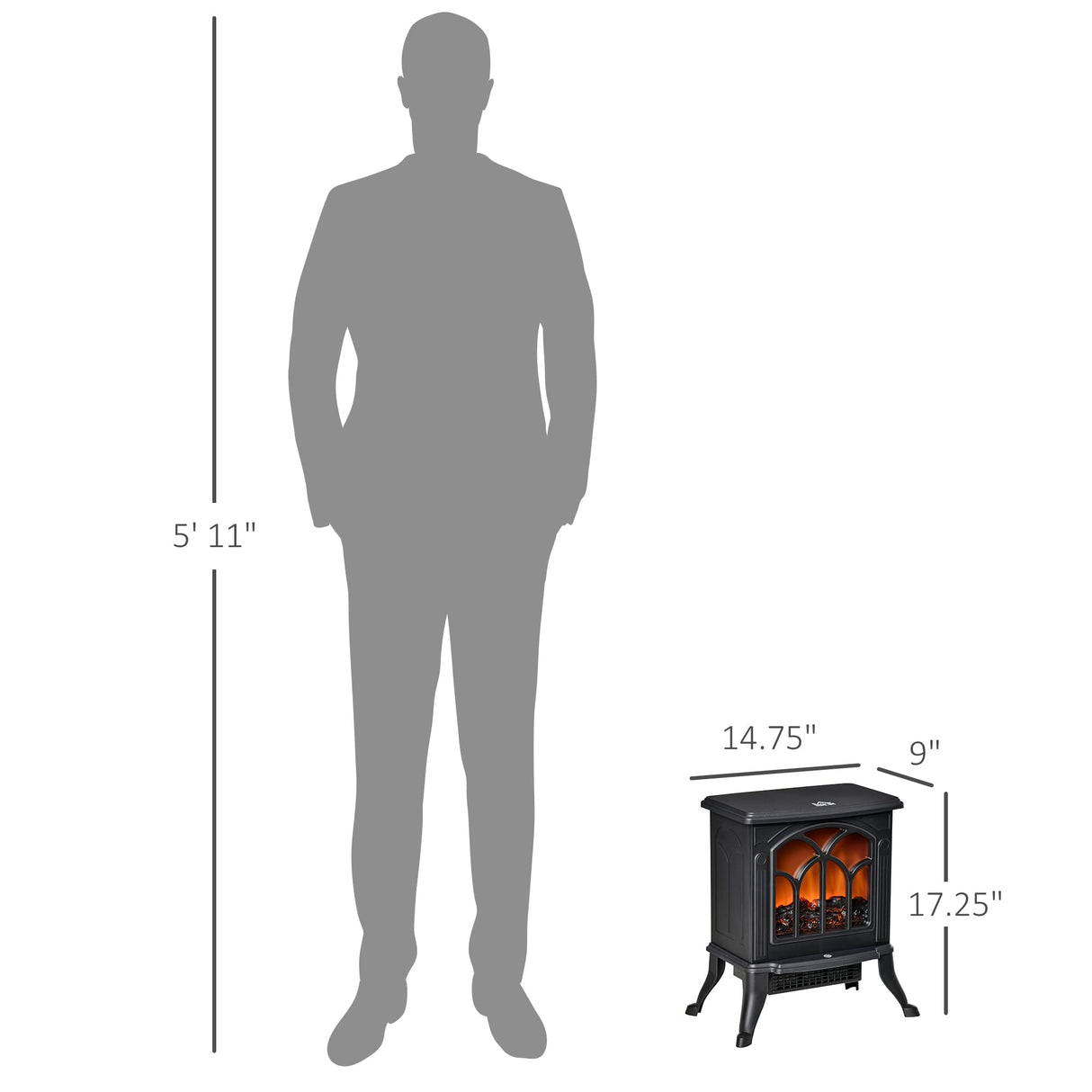 HOMCOM 17" Freestanding Electric Fireplace Stove, Fire Place Heater with Realistic Logs and Flame Effect and Overheat Protection, 750W/1500W, Black HOMCOM