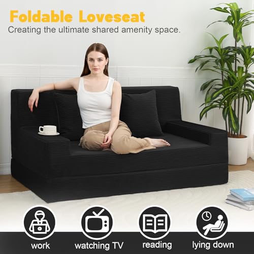 MeMoreCool Boneless Folding Sofa Bed Queen – Corduroy Convertible Futon Couch, 2-in-1 Floor Sleeper with Foam Support, Detachable Pillow & Washable Cover for Living Room, Guest Room, Apartment MeMoreCool