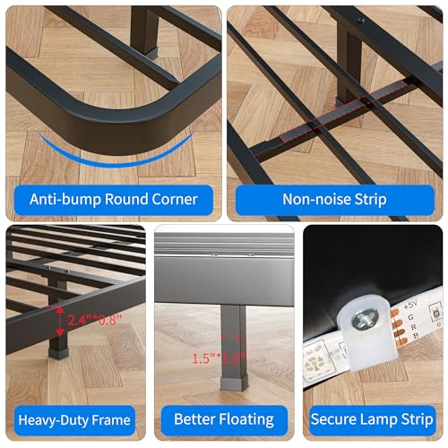 Meitewei Floating Bed Frame with LED Lights Queen Size Metal Platform Floating Bed with 15 Steel Slats, No Box Spring Needed, Noise-Free, Easy to Assemble, Black Meitewei