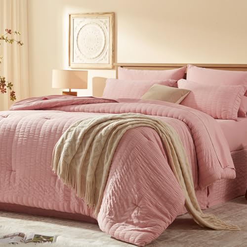 Laojin Balhen Twin Comforter Set 5 Pieces, Pink Seersucker Bed in a Bag Set Twin Size, All Season Luxury Bedding Sets with Comforter, Sheets, Pillowcase & Sham Laojin Balhen