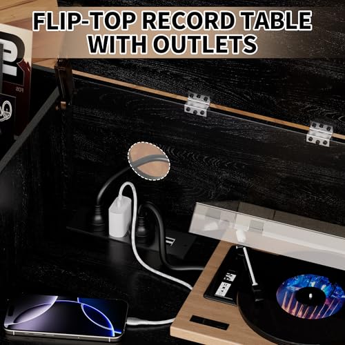 BIZOEIRON Record Player Stand with Flip-Top & Drawers, Vinyl Storage Cabinet with Outlet, Wood Media Console Table for Vinyl Records Storage, Assembly Required, Black BIZOEIRON