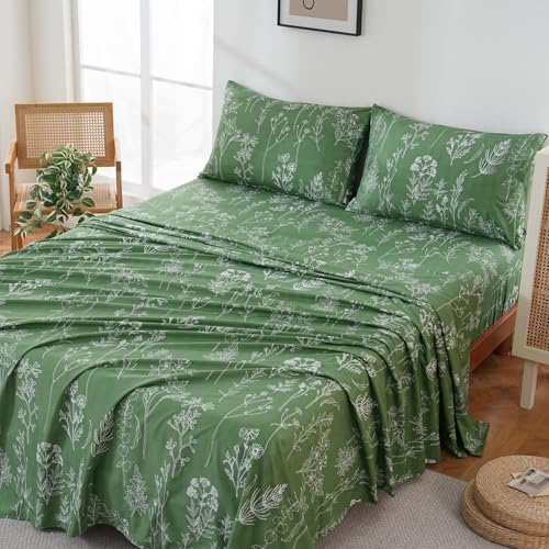 Yibeizi Green Floral Sheet Set King, Botanical Rustic Pattern Bed Sheets Boho Bedding Sheets & Pillowcases Soft Microfiber 15" Extra Deep Pocket Fitted Bedsheet 4 Piece Yibeizi