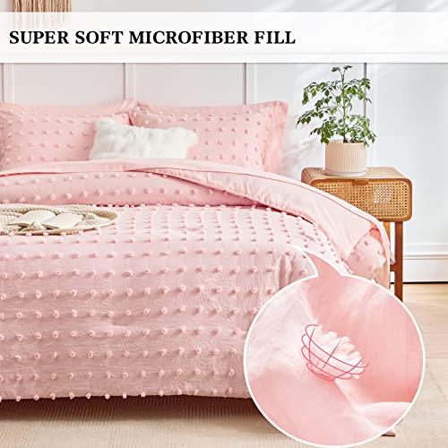 6 Pieces Tufted Dots Bed in a Bag Twin Comforter Set Girls Pink , Soft and Embroidery Shabby Chic Boho Bohemian Comforters, Luxury Solid Color with Pom Pom Design, Jacquard Tufts Bedding Set for Kids Flysheep
