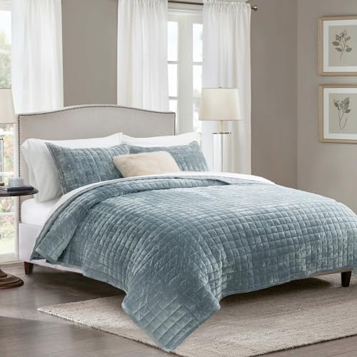 RECYCO Luxury Velvet Quilt Set King Size Bedding Sets, Ultra Soft Velvet Comforter Set, Lightweight Channel Box Stitch Oversized Bedspread Coverlet for All Season, with 2 Shams, Blue Linen RECYCO