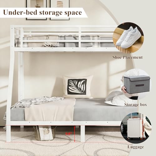 Twin over Full Metal Bunk Beds for Kids Teens Adults, Heavy-duty Metal Bunk Bed Frame with Guardrail, 2 Ladders & Under-bed Storage for Bedroom Guest Room Dorms, Space-saving/Noise-reduce, White Bellemave