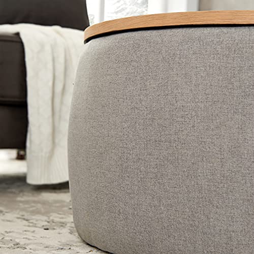 Modern Round Storage Ottoman with Wooden Lid,Circle Ottoman Handmade Ottoman Coffee Table,End Table & Footstool for Living Room (Light Gray) Kakotito