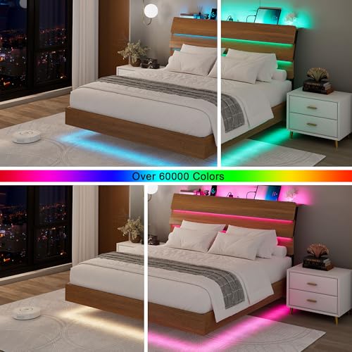 Feonase Floating Bed Frame Queen with Led Lights and Charging Station, Wood Full Size Bed Frame with Storage Headboard, Heavy Duty Metal Slats, No Box Spring Needed, Easy Assembly,Walnut Feonase