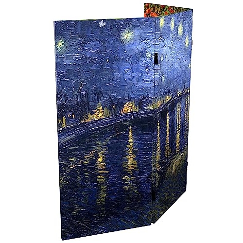 Red Lantern 3 ft. Short Double Sided Works of Van Gogh Canvas Folding Screen Irises/Starry Night Over Rhone 3 Panel Freestanding Partition and Separator for Modern and Contemporary Bedroom Home Office Red Lantern
