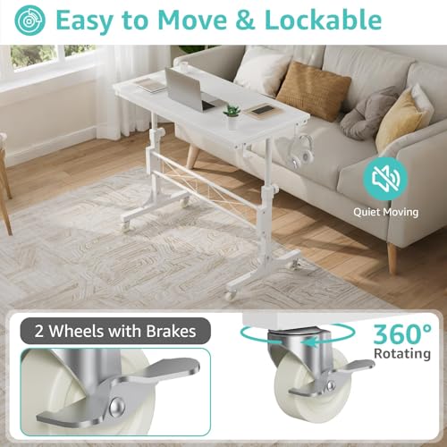 WINAZ Small Portable Treadmill Walking Pad Desk on Wheels, 32 Inch White Adjustable Height Mobile Rolling Standing Teacher Desks, Couch Sofa Side Laptop Stand Up Table for Bedroom, White WINAZ