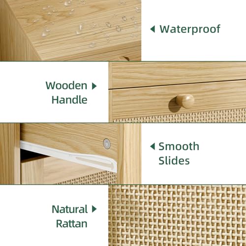 infurnic 3 Drawer Rattan Dresser for Bedroom, Modern Wooden Dresser Chest with Handles for Bedroom, Hallway and Living Room, Wood Oak infurnic