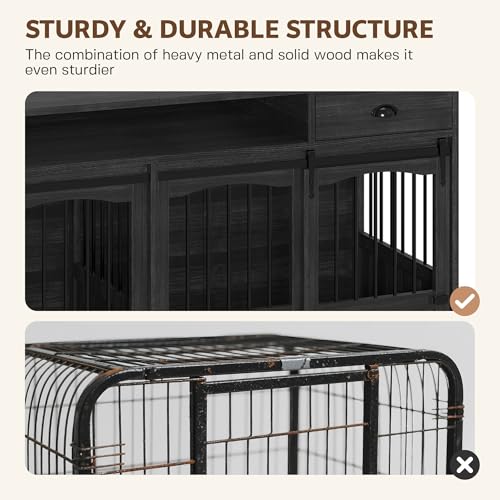 Homiflex 70.86" Double Dog Crate Furniture with Storage for 2 Medium Large Dogs Farmhouse Wooden Dog Kennel Furniture with 2 Sliding Doors Divider & Power Outlet Decorative Dog Cage TV Stand Dark Grey Homiflex