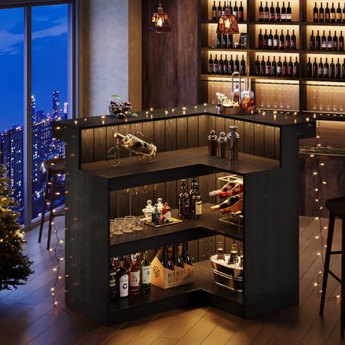 Tribesigns L-Shaped Home Bar Unit, 4-Tier Corner Liquor Bar Table with Storage Shelves and Wine Glasses Holder, Industrial Wine Cabinet Reception Desk for Home Pub (1, Black) Tribesigns