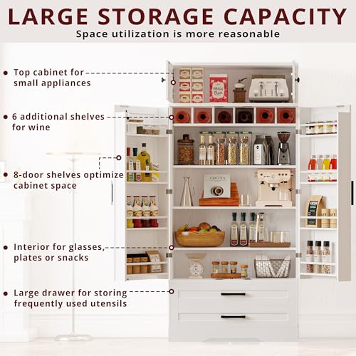 IRONCK Kitchen Pantry 72" Height, with 8 Hanging Shelves, 2 Drawers and Open Storage Cabinet, Freestanding Cupboard for Dining Room Living Room,Industrial White IRONCK