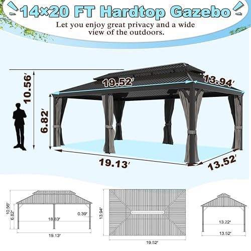 Yardenaler 14x20 FT Hardtop Gazebo Canopy with Double Galvanized Steel Roof, Permanent Outdoor Pavilion with Curtain & Mesh Netting for Patio. Garden, Backyard, Black Yardenaler