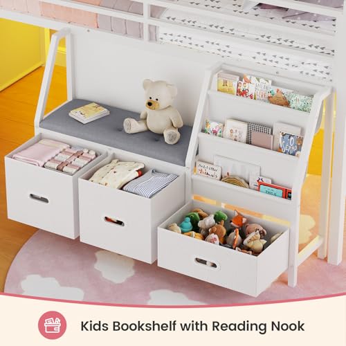 ADORNEVE Low Loft Bed Twin Size with Bookshelf, Reading Nook, LED Kids Loft Bed with 3 Drawers, Under-Bed Play Space, House Loft Beds with Safety Guardrail, Inclined Ladde & Play Curtain, White ADORNEVE