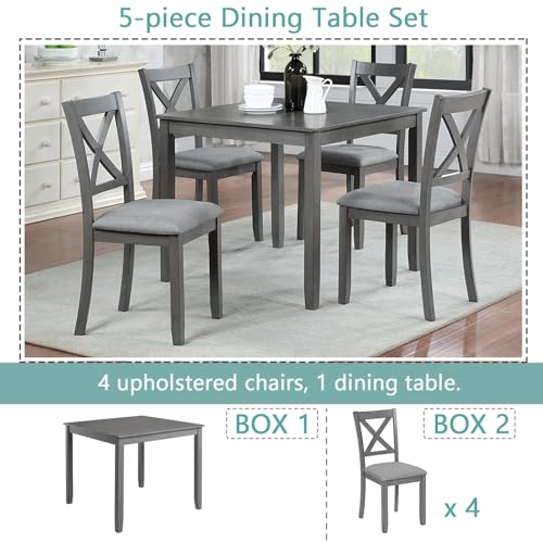 Harper & Bright Designs Modern 5-Piece Wooden Dining Table Set for 4, Grey Square Kitchen Table & 4 Upholstered Seating Chairs, Acacia/Birch Veneer, Space-Saving Design for Dining Room & Small Spaces Harper & Bright Designs