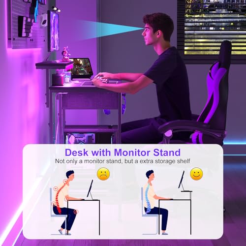 X-cosrack 33.5" Small Gaming Desk with LED Lights & Power Outlets, Compact Computer Desk with Monitor Stand & CPU Stand, Gamer Table with Storage Drawer, Side Hooks for Home Office, Bedroom, Black X-cosrack