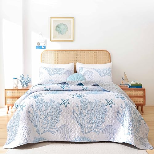 weigelia Coastal Quilts Bedding Set King Size - Blue Summer Nautical Bedding Quilt with Pillow Cases, Beach Reversible Quilt Set Bedspreads Coverlet Soft Lightweight Comforter weigelia