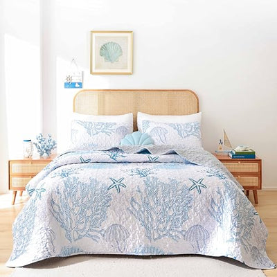 weigelia Coastal Quilts Bedding Set King Size - Blue Summer Nautical Bedding Quilt with Pillow Cases, Beach Reversible Quilt Set Bedspreads Coverlet Soft Lightweight Comforter