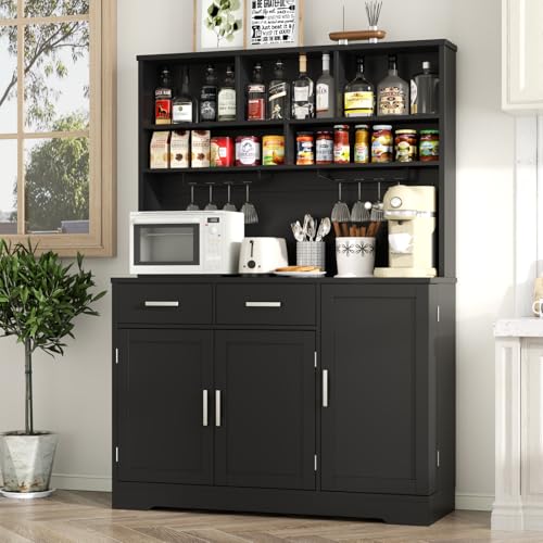 Tall Pantry Cabinet, Modern Kitchen Hutch with Microwave Stand, Kitchen Pantry Storage Cabinet with 2 Darwers & Door Shelf, Food Pantry with Goblet Holders & Adjustable Shelves for Dining Room, Black Gyfimoie