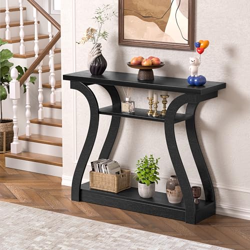 UODERS Wooden Console Table with Curved Legs and Shelf, 3-Tier Modern Accent Narrow Sofa Table for Entrance Area, Living Room, Hallway, 47 in Wide Wood Console Table for Entryway (Black) UODERS