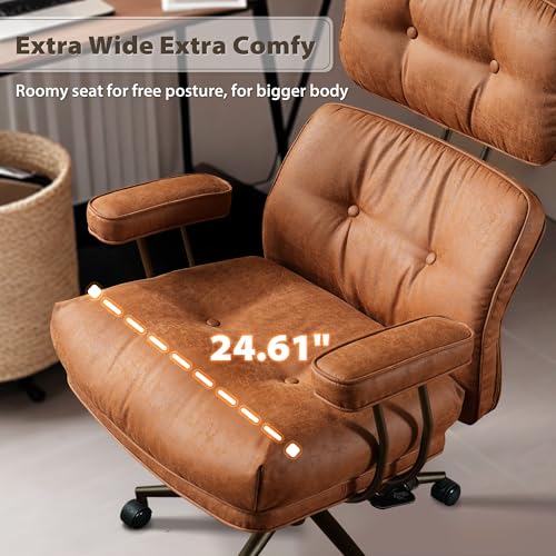 HOOOWOOO Mid-Century Modern Ergonomic Office Chair, Extra Wide Comfy Executive Chair with Lumbar Support, Suede Leather Light Brown HOOOWOOO