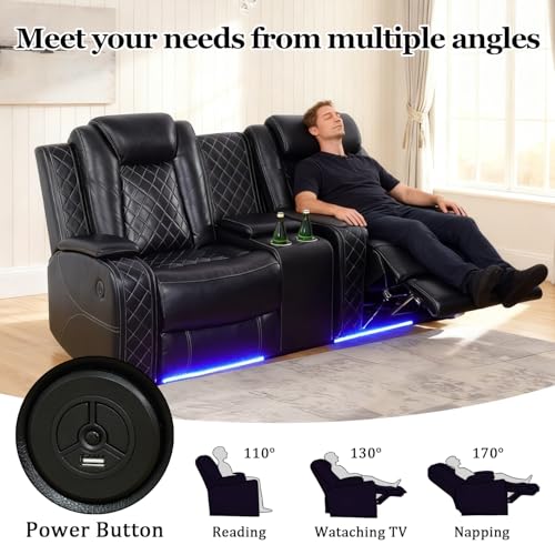 SITYRUBE Power Leather Recliner Sofa Set with LED Lights, Power Reclining Couch Set,Leather Living Room Sofa 3 Pieces with Coffee Table/Cup Holder for House/Home Theater(Black,6 Seater)