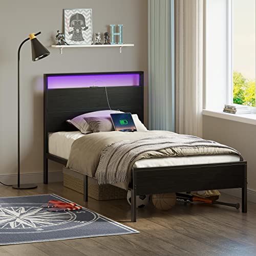 Rolanstar Bed Frame Twin Size with Charging Station, LED Twin Bed Frame with Wood Headboard, Platform Bed with Metal Slats & Under Bed Storage, No Box Spring Needed, Noise Free, Black Oak Rolanstar