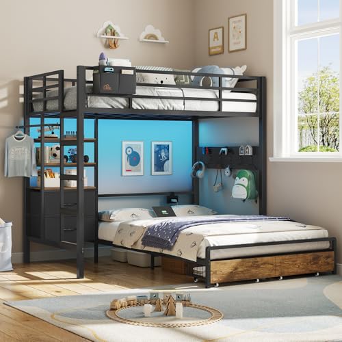 DICTAC Twin Over Full Bunk Bed with 4 Storage Drawers and 3-Tier Open Bookshelf Metal Bunk Bed with LED Lights,Charging Station and Pegboard,L-Shaped bunk Beds with Safety Guardrail and Ladder,Black DICTAC