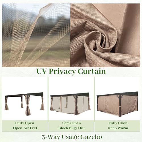 DOMI 12x14FT Lean to Gazebo, Outdoor Hardtop Wall Mounted Gazebo with Sloping Galvanized Steel Roof, Durable Aluminum Frame, Netting Curtain for Deck, Porch, Backyard domi outdoor living