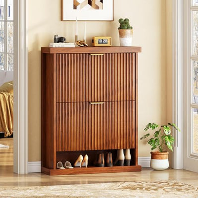 knoworld Walnut Shoe Cabinet Storage for Entryway,2 Flip Drawers with Toe Kick Space,Narrow Wood Fluted Shoe Rack Cabinet,Fluted Slim Shoe Cabinet for Foyer,Hallway