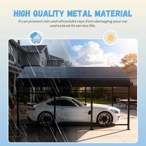 Greesum 10x15FT Metal Carport with Heavy Duty Frame and Galvanized Steel Roof, Round Carports with Side Support Rods, Canopy Shelter for Car, Pickup Trucks, Boats and Tractors, Party, Gray Greesum