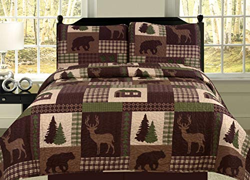 How Plumb Aubrie Home Accents Cozy Cabin 2-Piece Twin Quilt Bedding Set with Pillow Sham Rustic Patchwork Plaid Deer Coverlet Bedspread, Brown Tan Green How Plumb