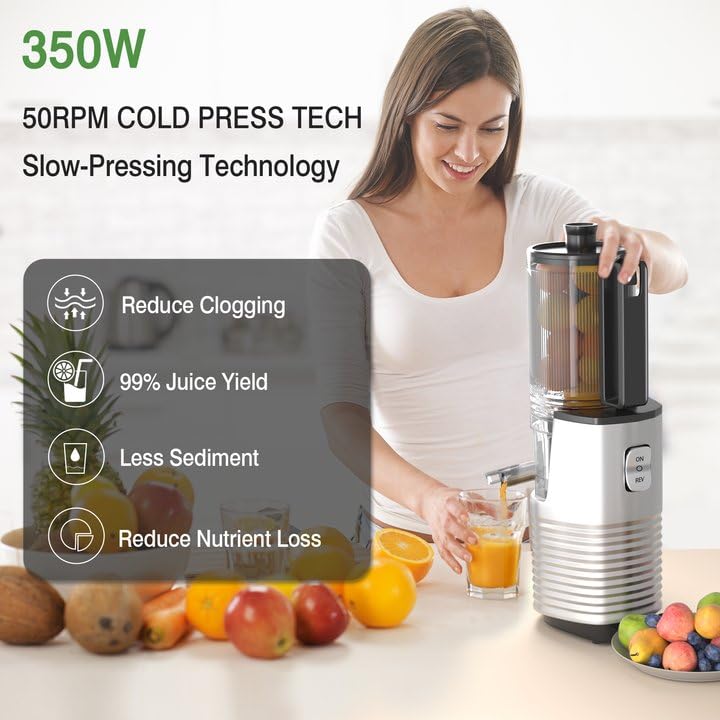 Cold Press Juicer Machines, Floisdace 5.4" Self-Feeding Masticating Juicer Fit Whole Fruits & Vegetables, 350W Professional Slow Juices Extractor Easy to Clean, BPA Exclude-Black Floisdace