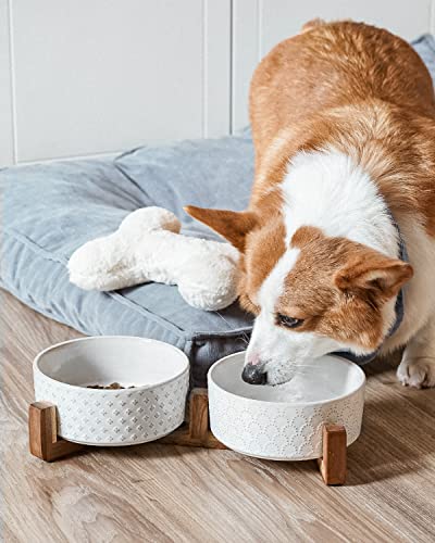LE TAUCI Dog Bowls Small Breed,Dog Bowl Set with Acacia Wood Stand,1.8 Cups Food and Water Bowl for Small Dogs and Cats, Weighted Dog Dishes, Pet Bowls LE TAUCI