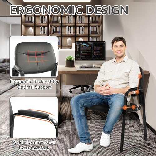 Elevon Waiting Room Chairs No Wheels Set of 4, Leather Stationary Office Reception Guest Chair with Padded Arms for Elderly Desk Conference Room Lobby Table Side Salon Elevon