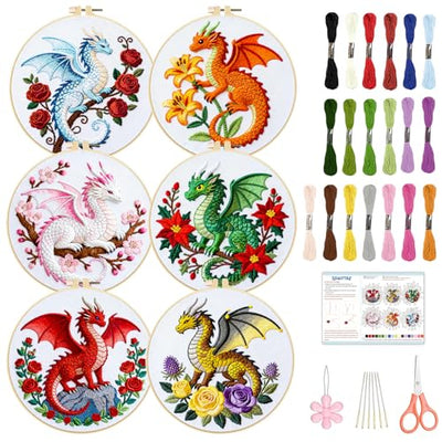 BEUNITONE 6 Sets Embroidery Kits for Beginners with Dragon and Flowers Patterns, DIY Craft Kits for Adults Include Embroidery Hoops and Instructions, Needlepoint Kits for Craft Lover and Home Decor