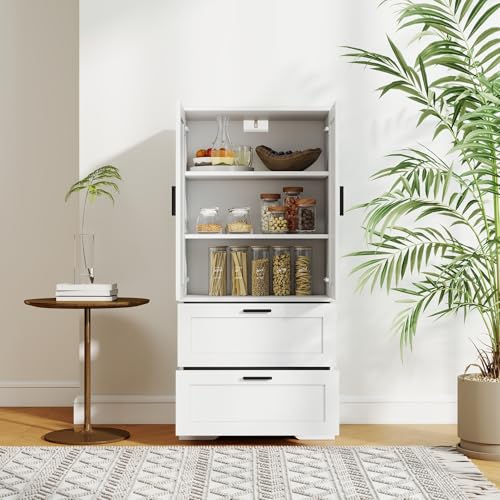 2 Door Tall Kitchen Pantry Storage, Collection Food Free Standing Wooden Storage Cabinet with 2 Drawers and Adjustable Shelves, Modern Farmhouse Versatile Storage for Kitchen, Dining Room (White) Panana
