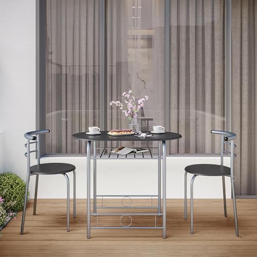 Yaheetech 3-Piece Dining Room Table Set, Kitchen Table & Chair Sets for 2, Compact Table Set w/Steel Legs, Built-in Wine Rack for Breakfast Nook, Small Space, Apartment, Black, 31.5x21x29" (LxWxH) Yaheetech