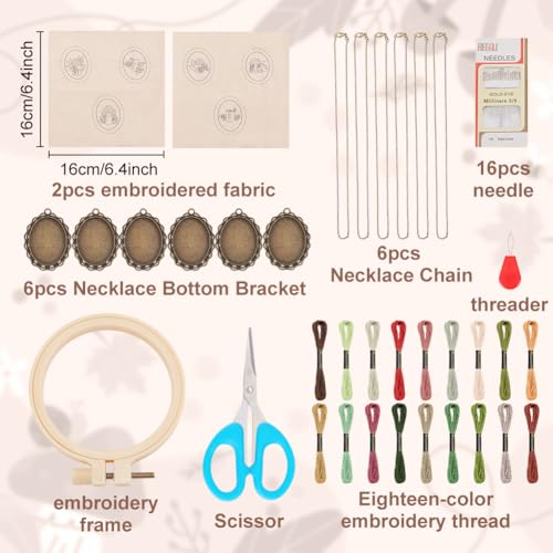 INFUNLY 6 Sets DIY Mushroom Necklace Embroidery Kit for Adult Beginner Embroidery Pendant Kit Mushroom Theme Embroidery Stitching Necklace Kit Cross Stitch Kits with Instructions for Women Gift