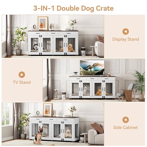 71'' Double Dog Crate Furniture, Large Dog Kennel Indoor with 3 Storage Drawers and Removable Divider for 2 Dogs, Heavy Duty Decorative Dog House TV Stand Side Table for Medium Large Dogs, White IDEALHOUSE