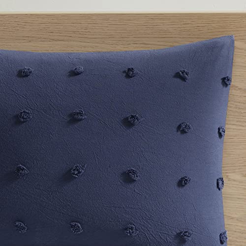 Intelligent Design Duvet Set 100% Cotton Jacquard, Tufts Accent, Shabby Chic All Season Cover for Comforter, Matching Shams, Decorative Pillows, Full/Queen (88 in x 92 in), Navy 7 Piece Intelligent Design